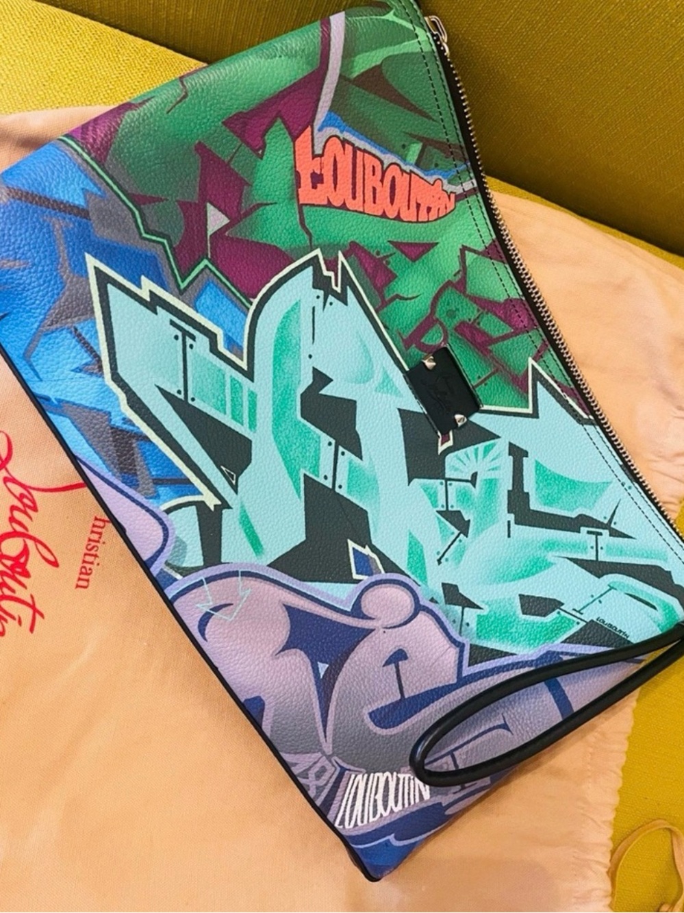 Christian Louboutin Green & Blue Graffiti Leather Pouch
